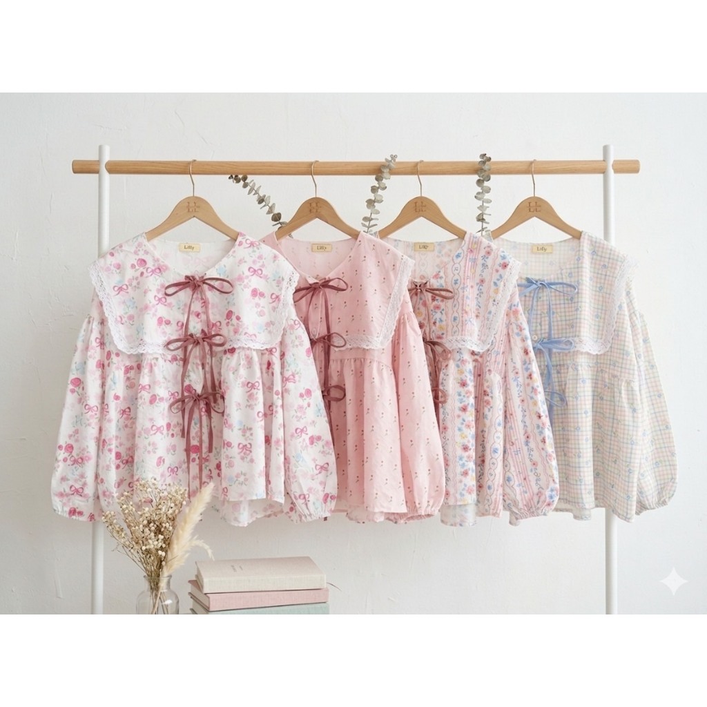 ป้าย Lilly เสื้อผ้าบับเบิัลพิมพ์ลายปกเหลี่ยมแต่งลูกไม้ อก 42 นิ้ว