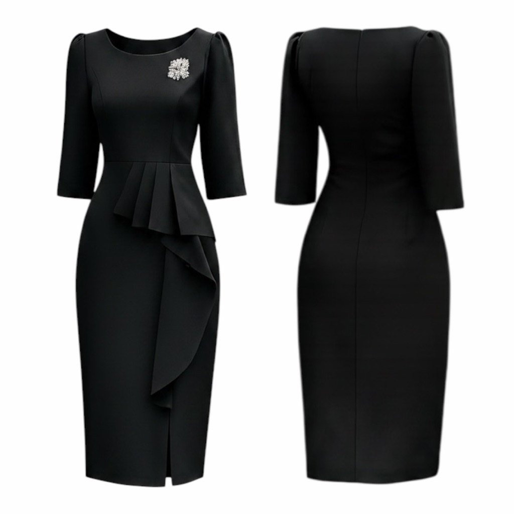 ชุดเดรสเเขนสามส่วนผ้าไมโครระบายเอวกระโปรงผ่าหน้าS-2XL