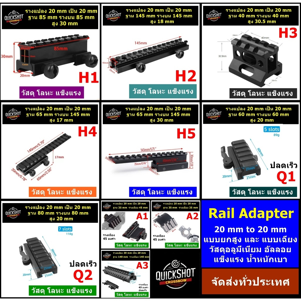ตัวแปลงราง 20 mm เป็น 20 mm ( Rail Adapter ) แบบ ยกสูง และ แบบเฉียง 45 องศา วัสดุอลูมีเนียมอัลลอย แข็งแรง