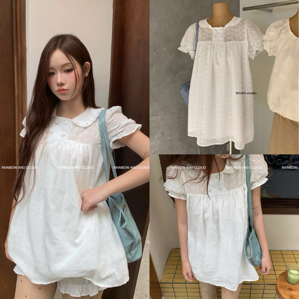 (พร้อมส่ง) มินิเดรสแขนสั้นคอบัวแต่งแขนตุ๊กตารุ่น 8684 TAG WG.WE 🇰🇷
