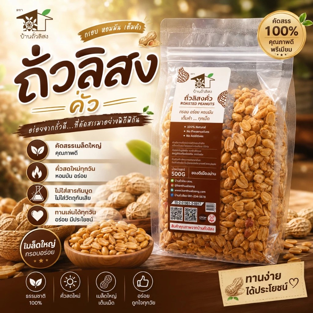 ถั่วลิสงคั่ว 500g ถั่วลิสงพันธุ์ไทยแท้ ใหม่ สะอาด ปลอดภัย จากบ้านถั่วลิสงจังหวัดน่าน