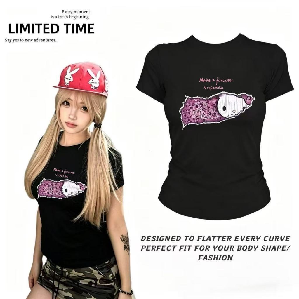 COD-✨เสื้อครอปแขนสั้นพิมพ์ลายการ์ตูนสไตล์อเมริกัน ทรงไหล่ตรง ตัวสั้นโชว์เอว กระชับผอมสวย ฤดูร้อนใหม่