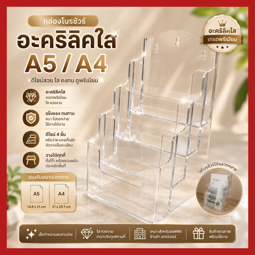 🌟พร้อมส่ง กล่องโบชัวร์ขนาดA5/A4 (1-4ชั้น) อะคริลิคเเท้100% HANDMADE / MADE IN THAILAND