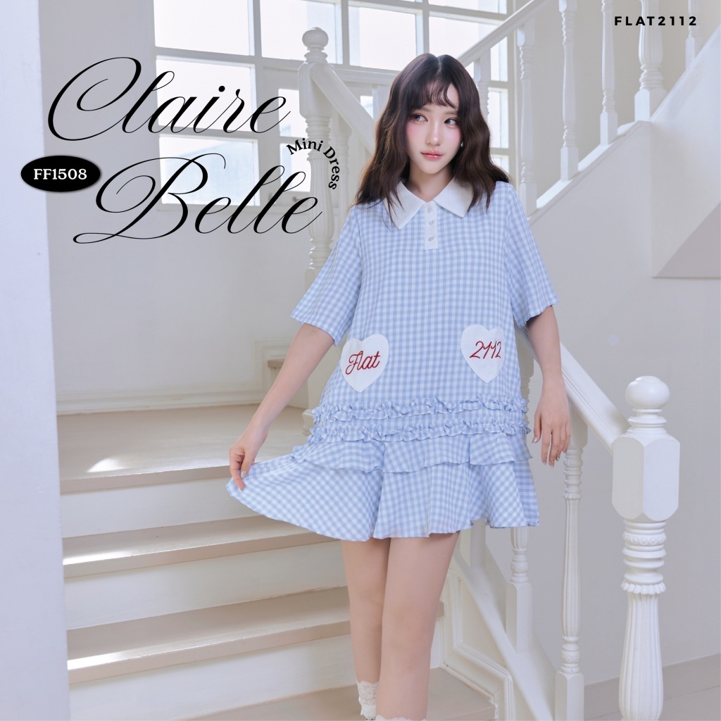 FLAT2112 : CLAIRE BELLE MINI DRESS เดรสสั้นสีฟ้าลายสก็อต เดรสลายสก็อตผู้หญิง เดรสคอปกน่ารัก เดรสดีเทลหัวใจ (FF1508)