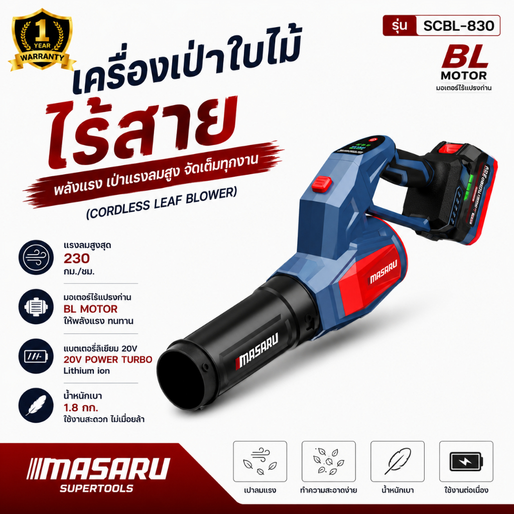 Masaru เครื่องเป่าลมไร้สาย 20V SCBL-830 เครื่องเป่าลมเจ็ท ความเร็วรอบ 33,000 RPM เครื่องเป่าลม