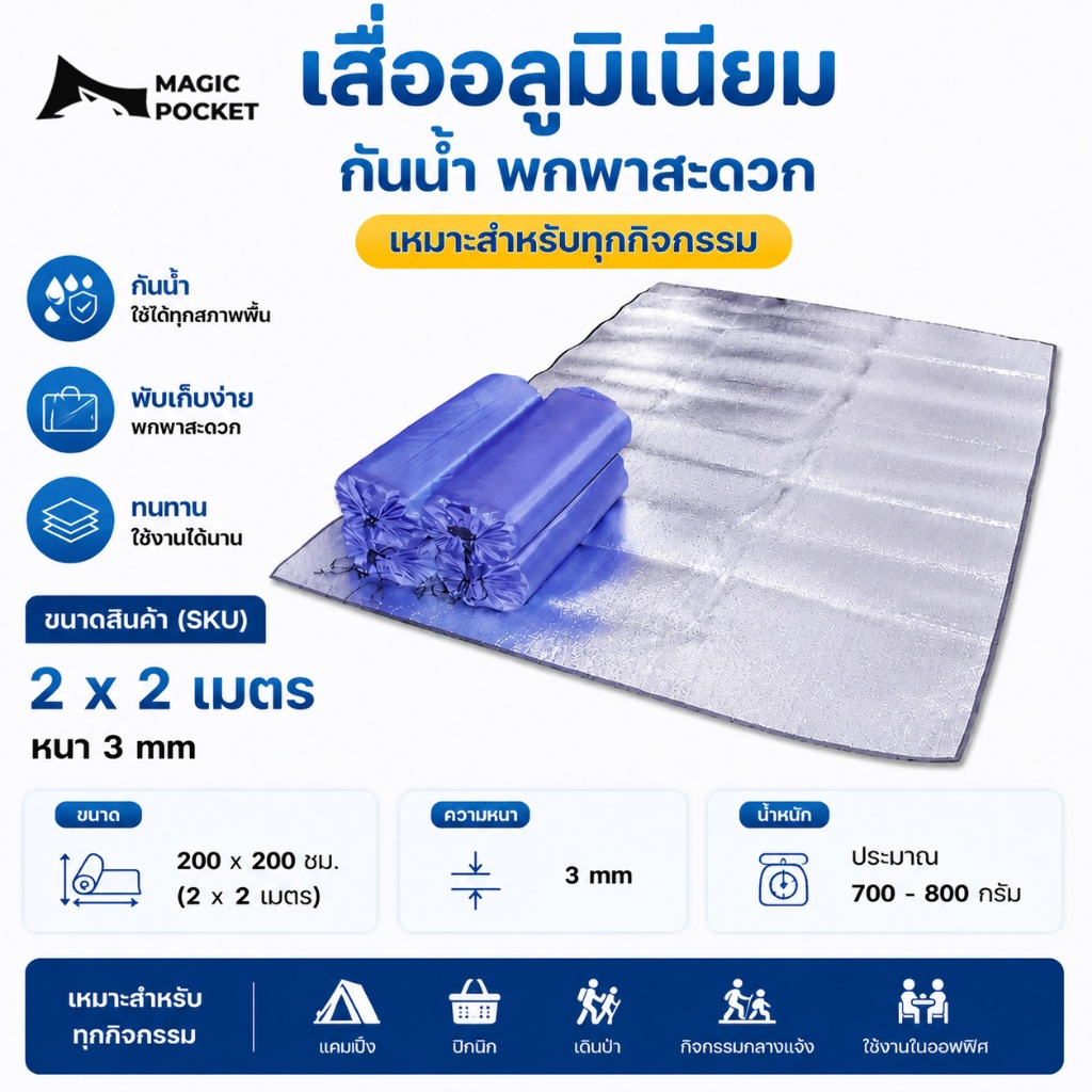 Magic pocket แผ่นรองเต็นท์ เสื่อกันความชื้น เสื่อแคมป์ปิ้ง อลูมิเนียมฟอยล์ 2ชั้น กันชื้น กันน้ำ เสื่อกันความชื้น