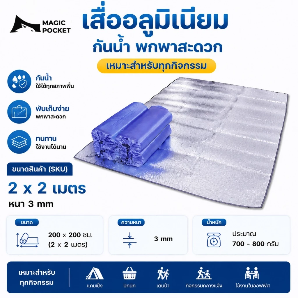 Magic pocket แผ่นรองเต็นท์ เสื่อแคมป์ปิ้ง อลูมิเนียมฟอยล์ 2 ชั้น