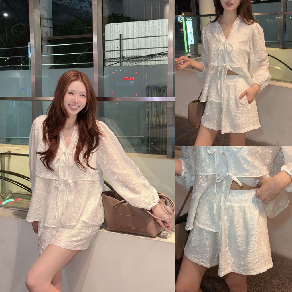 ส่งด่วน 🚨 SLYQ VELINE BOW BLOUSE & SHORTS SET ชุดเซ็ตเสื้อแขนยาวคอวีผูกหน้าและกางเกงขาสั้น