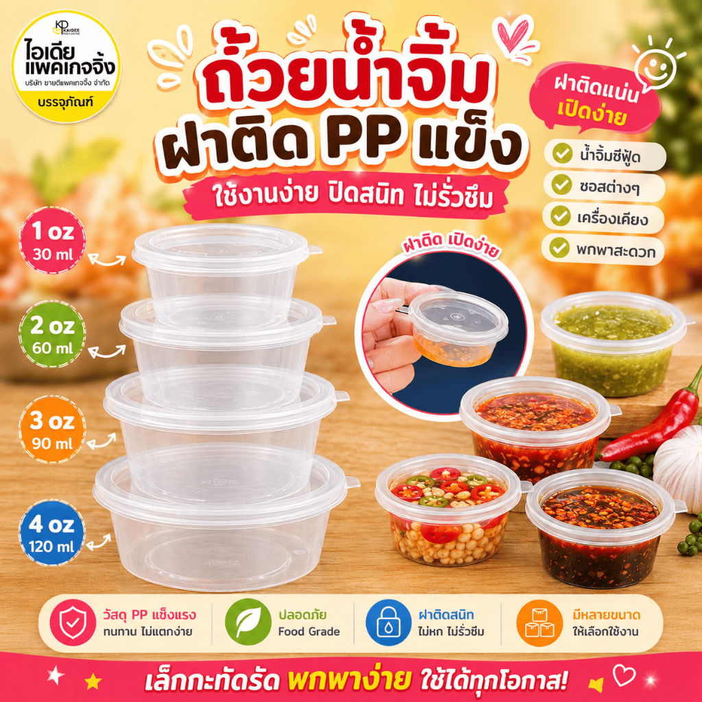 ถ้วยน้ำจิ้ม(PPแข็ง)กระปุกน้ำจิ้ม กระปุกพลาสติก 100 ใบ