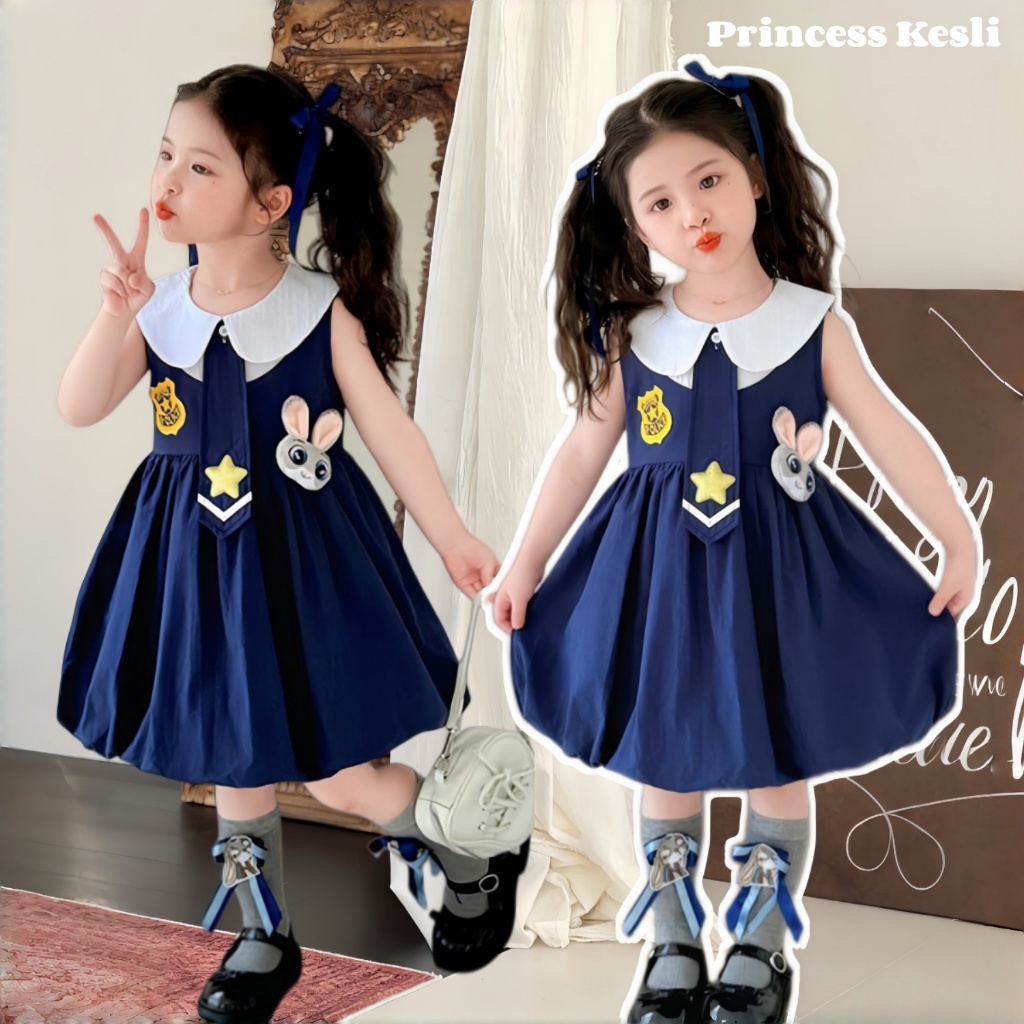 PRINCESS KESLI ชุดเดรสเด็กผู้หญิง แขนกุด สีน้ำเงิน กระต่าย ชุดเดรสฤดูร้อนรุ่นใหม่ 1-9 ปี