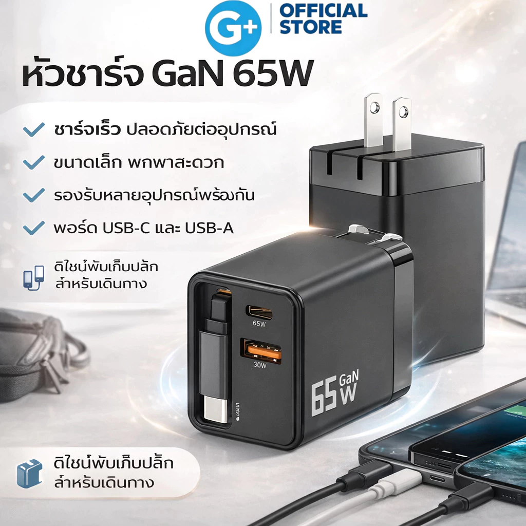 Gizmo เครื่องชาร์จ C+C+A GaN 65W/80W ชาร์จเร็วทันใจ รองรับหลายอุปกรณ์ ที่ชาร์จแบบพกพาพร้อมสายแบบยืดหดได้ 3 เครื่องพร้อมก
