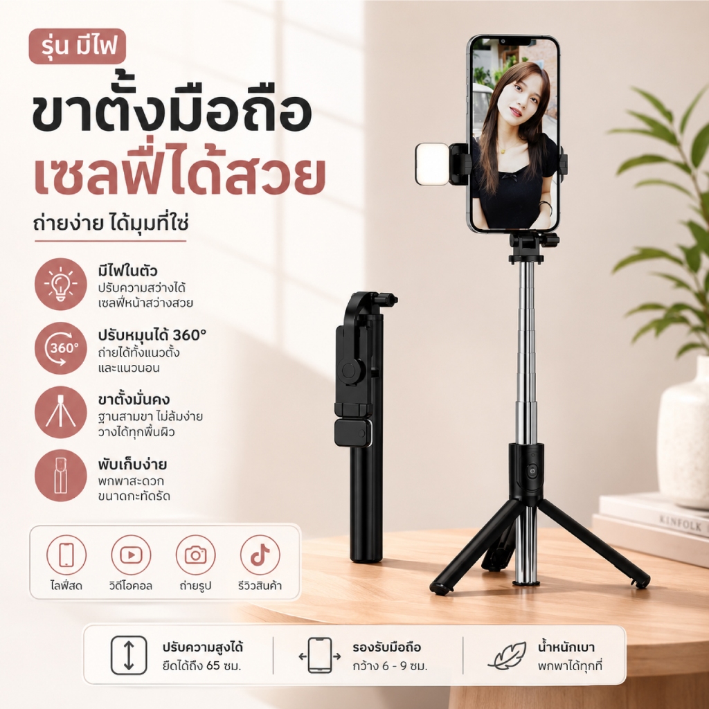 ไม้เซลฟี่ ขาตั้งกล้องมือถือ บลูทูธ รุ่น R1 | ยืดหดได้ พร้อมรีโมท  ใช้ได้ทั้งแนวตั้ง-แนวนอน