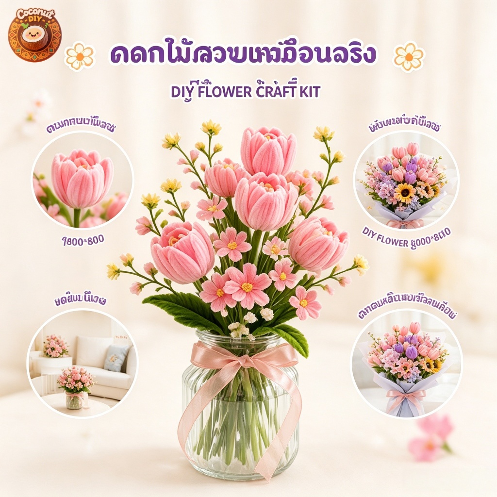 ชุด DIY ดอกไม้ลวดกำมะหยี่ พร้อมอุปกรณ์ครบ ทำช่อดอกไม้ งานฝีมือ ของขวัญสุดน่ารัก