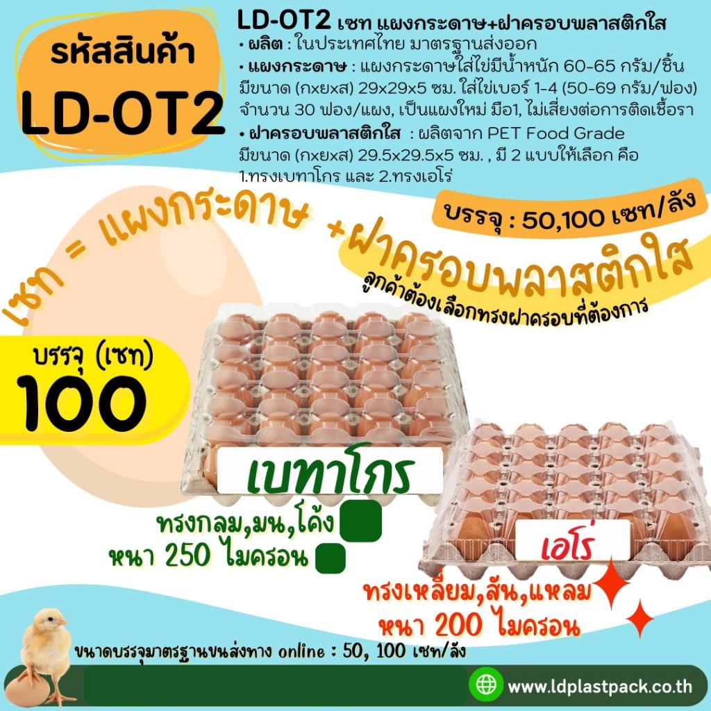 (100 เซท ของใหม่มือ1) [LD-OT2] เซทถาดแผงกระดาษและฝาพลาสติกครอบแผงไข่ 30ฟอง เบอร์1-4 ทรงเบทาโกร ทรงเอโร่ มาตรฐานส่งห้าง