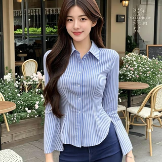 Bella Shop เสื้อเชิ้ตแขนยาวแฟชั่นสำหรับผู้หญิง เสื้อเชิ้ตลายทางสีน้ำเงินแขนบาน สไตล์สลิมฟิต สไตล์เกาหลี ทรงสวย