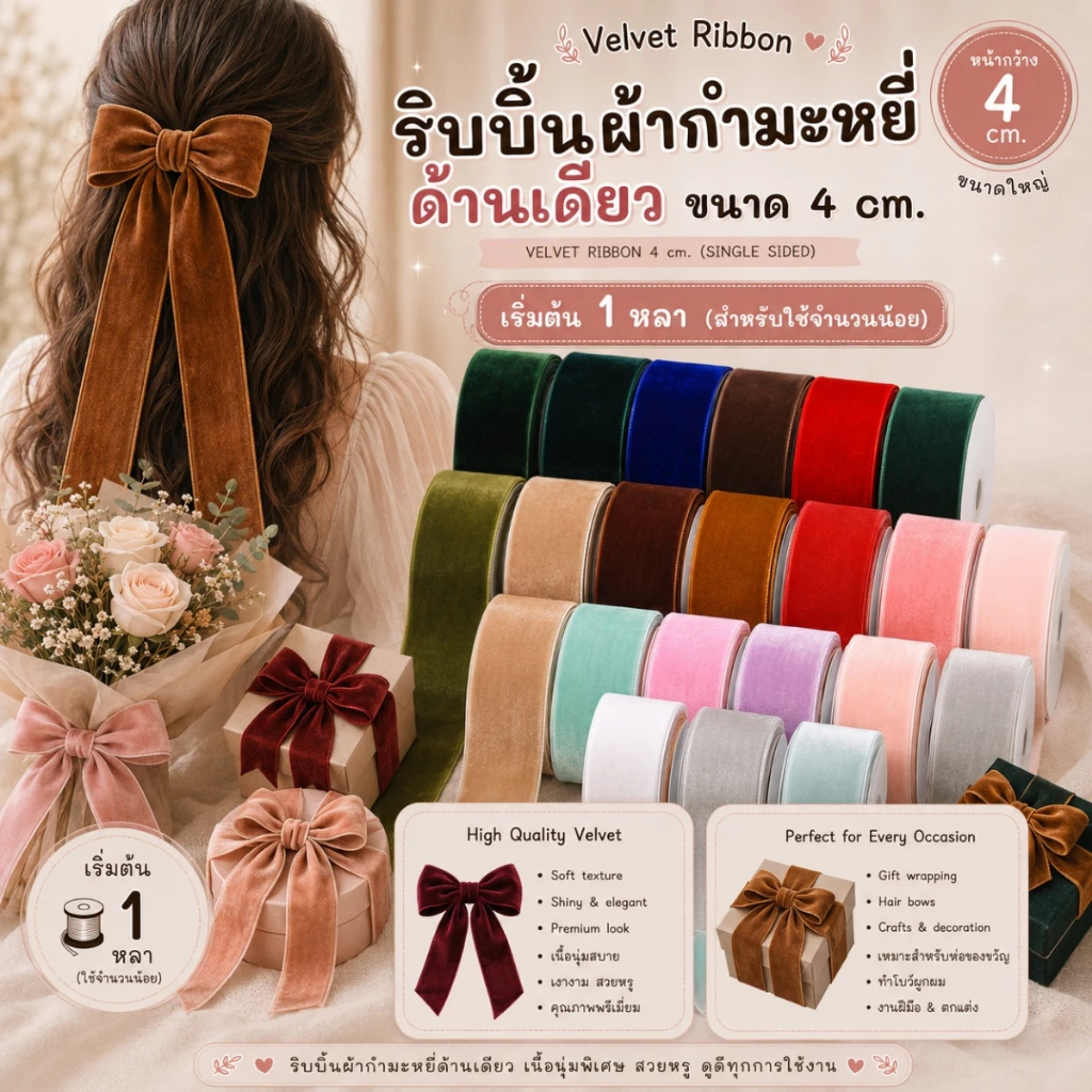 【1 หลา】* ขนาด 4 cm. ริบบิ้นผ้ากำมะหยี่ด้านเดียว ผูกของขวัญวันเกิด งานตกแต่งต่างๆ [RBY-0079-40mm]