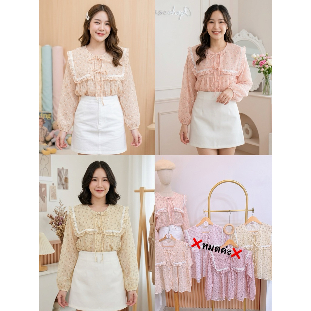 เสื้อชีฟองแขนยาวคอเหลี่ยม ลายดอกไม้💐 ดีเทลลูกไม้ที่ปกเสื้อ ผูกโบว์