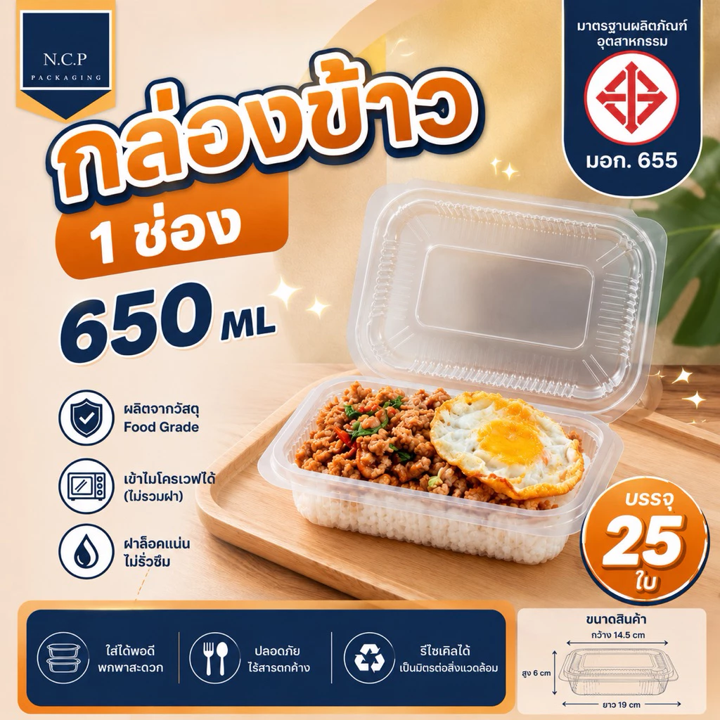 กล่องอาหาร 1 ช่อง 650ml 1แพ็ค25ใบ เข้าไมโครเวฟได้ กล่องข้าว1ช่อง กล่องข้าวPP กล่องข้าวฝาพับ