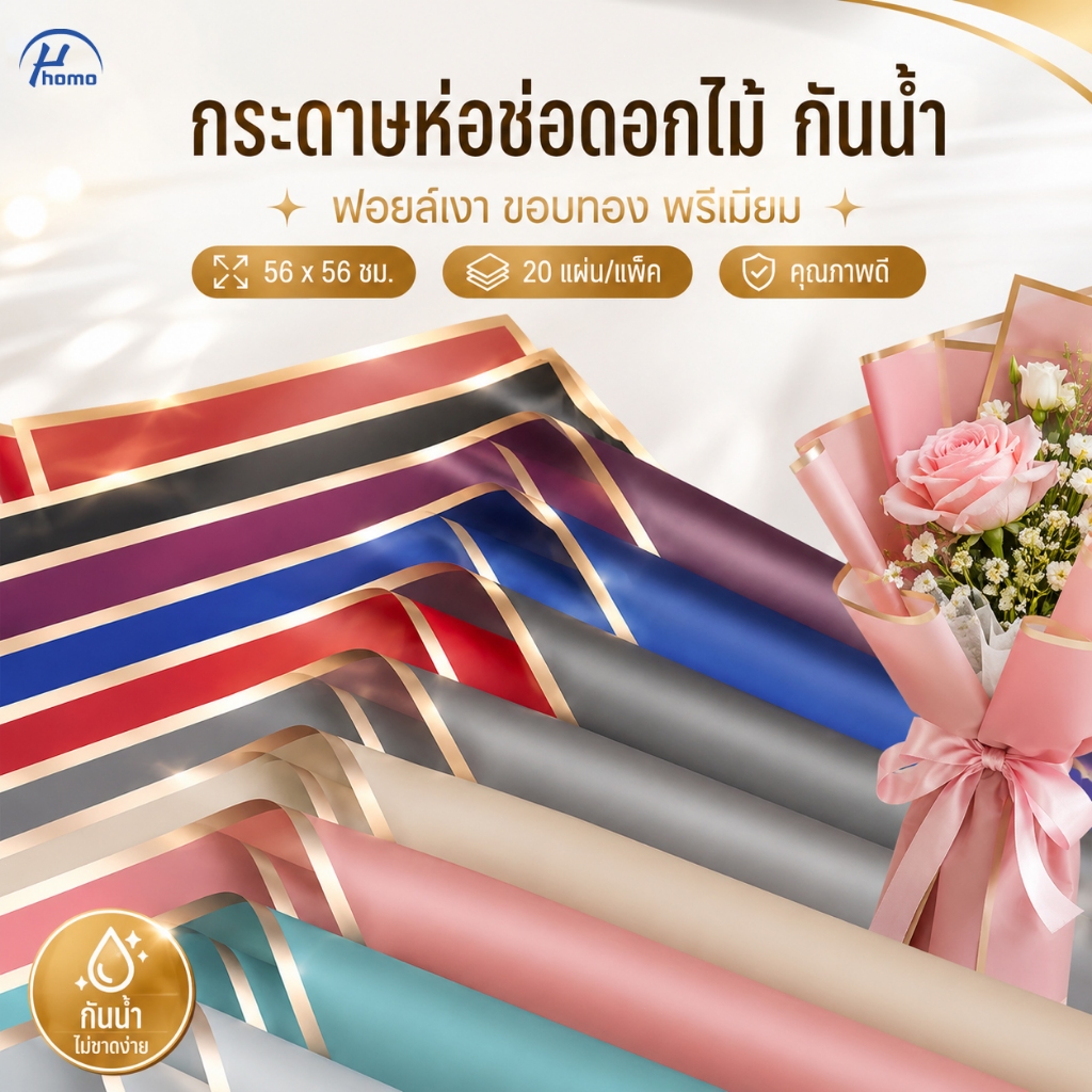 กระดาษห่อช่อดอกไม้ กันน้ำ ขอบทอง ฟอยล์เงา 56x56 ซม. แพ็ค 20 แผ่น กระดาษห่อของขวัญ ดอกไม้ พรีเมียม