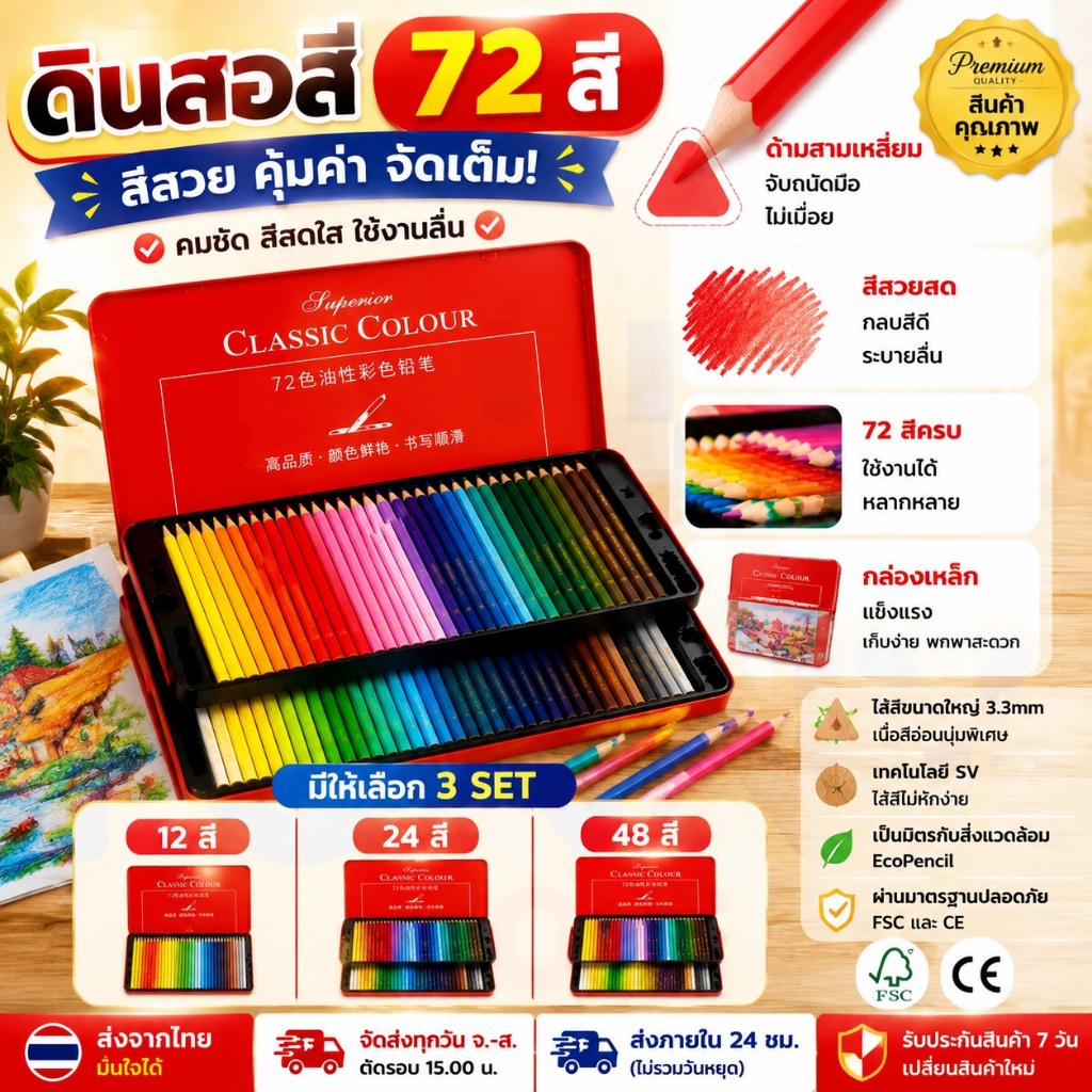 พร้อมส่ง ดินสอสีไม้เนื้อน้ำมัน 24/48/120 สี สีสดระบายลื่น ชุดดินสอสีวาดรูป สเก็ตช์ภาพ อุปกรณ์ศิลปะเด็ก นักเรียน