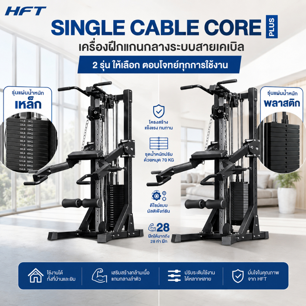 HFT เครื่องเล่นเคเบิ้ล รุ่น Single Cable Core Plus ระบบรอกคู่ เครื่องออกกำลังกาย Dual Cable Multifunction - Homefittools