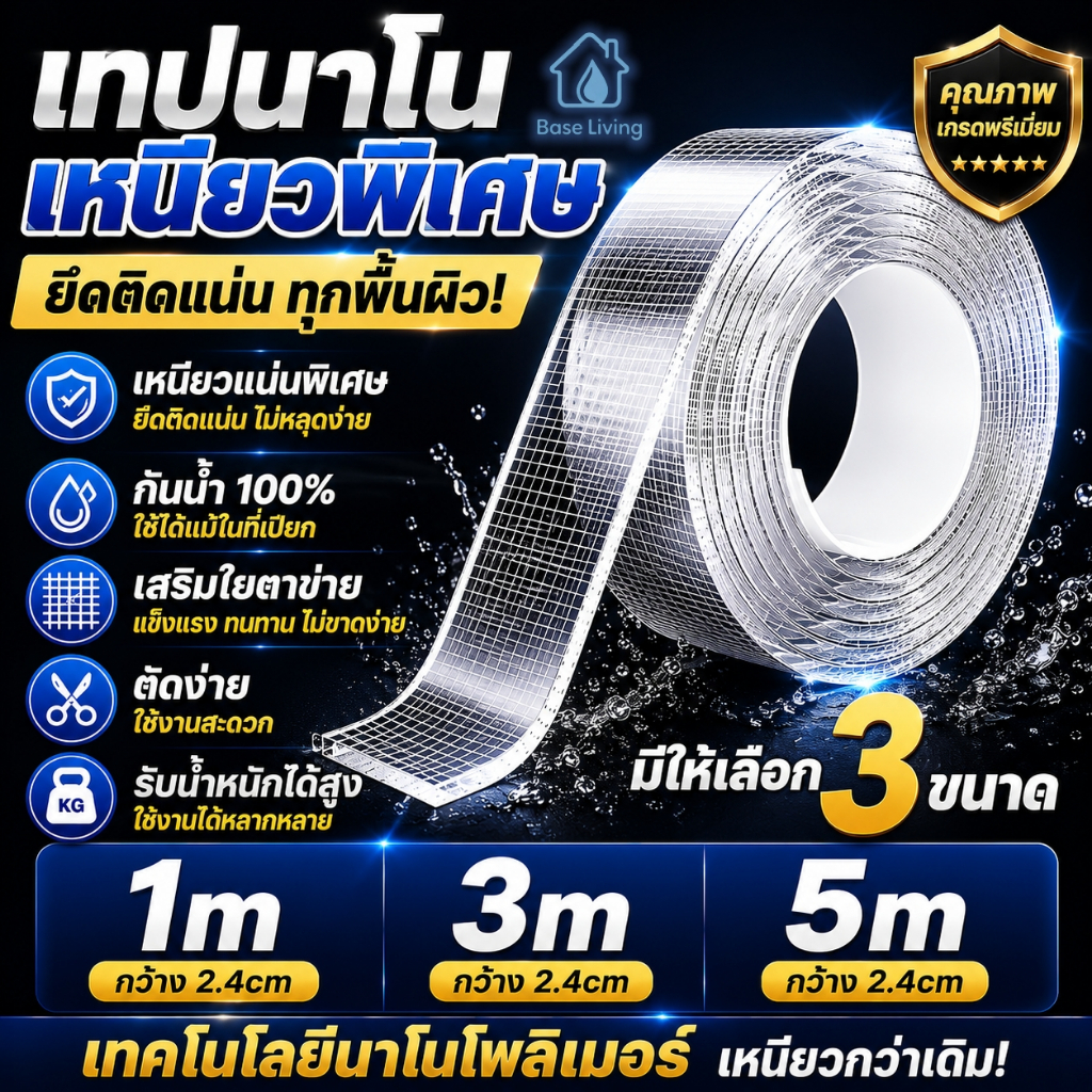 เทปนาโนใส เทปกาวสองหน้า อเนกประสงค์ เหนียวแน่น ติดผนัง ล้างใช้ซ้ำได้ ไม่ทิ้งคราบ