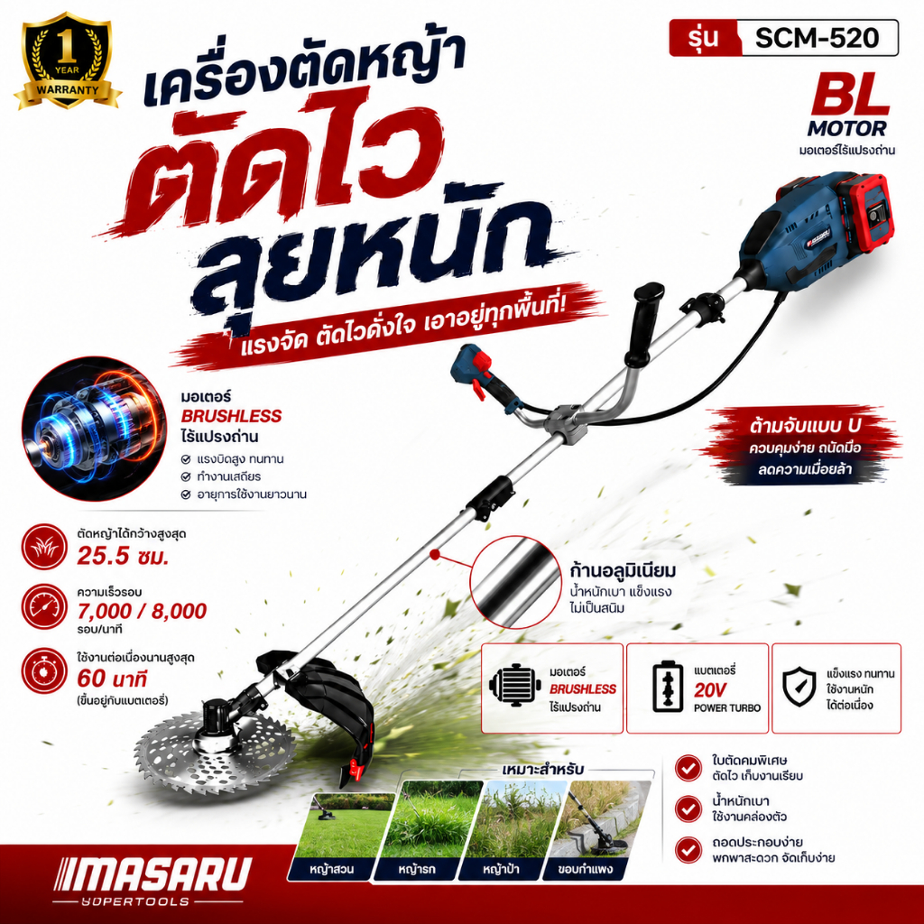 เครื่องตัดหญ้า ไร้สาย MASARU รุ่น SCM-525 40V 6000 RPM ตัดหญ้า เครื่องตัดหญ้าไฟฟ้าไร้สาย