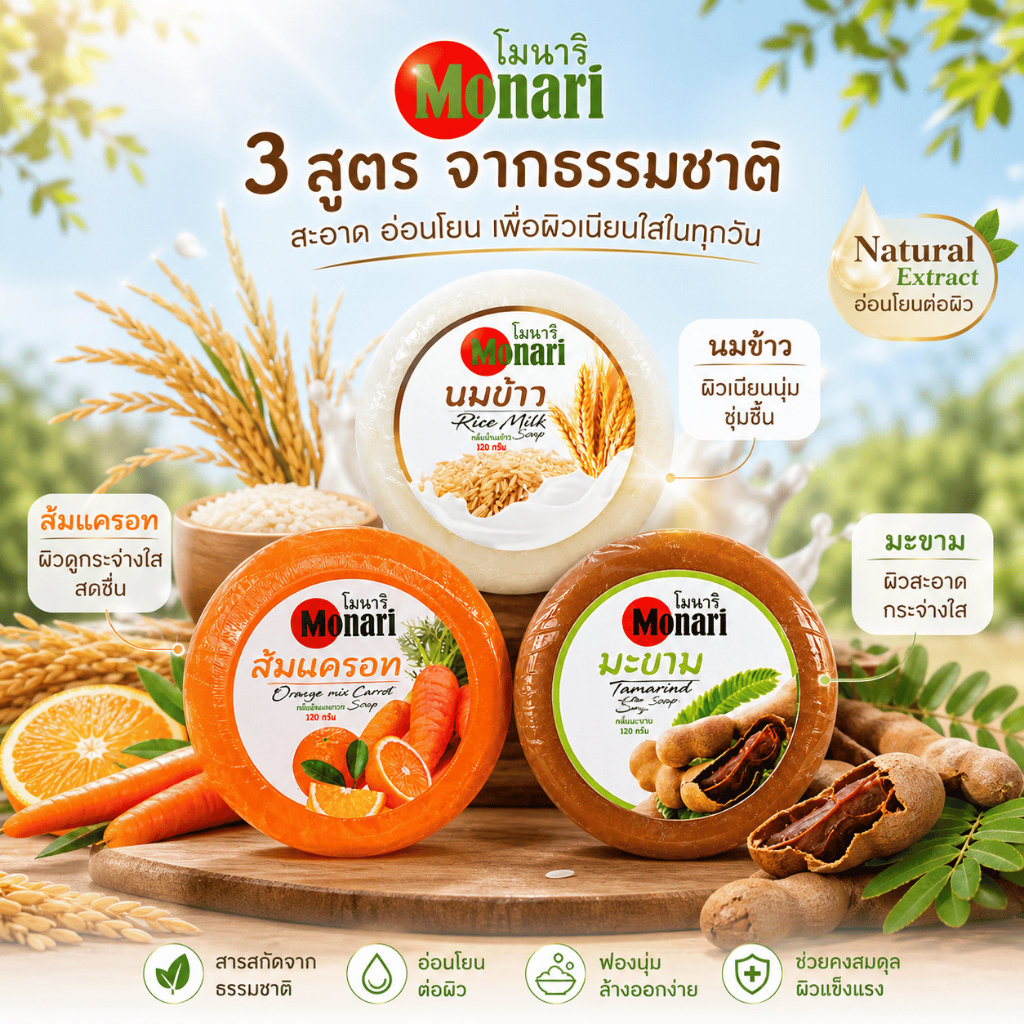 แพ็ค6ก้อน สบู่สมุนไพรธรรมชาติ 3 สูตร นมข้าว ส้มแครอท มะขาม 120gสบู่ผิวใส อ่อนโยน ฟองนุ่ม ล้างออกง่าย