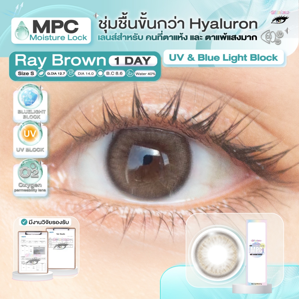 Glitzlens คอนแทคเลนส์รายวัน (1 Day) วัสดุ MPC กันแสงสีฟ้า/UV รุ่น Ray มี 2 สี วัสดุใหม่ชุ่มชื้นกว่า Hyaluron