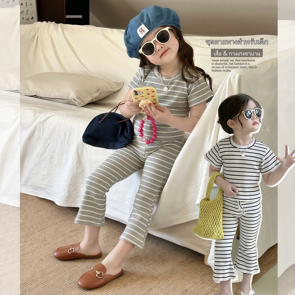 PRINCESS KESLI ชุดเซ็ทเด็กสาวแฟชั่น เสื้อแขนสั้นกางเกงขาม้า ชุดสูทแขนสั้นฤดูร้อน สไตล์เกาหลี 2-12 ปี