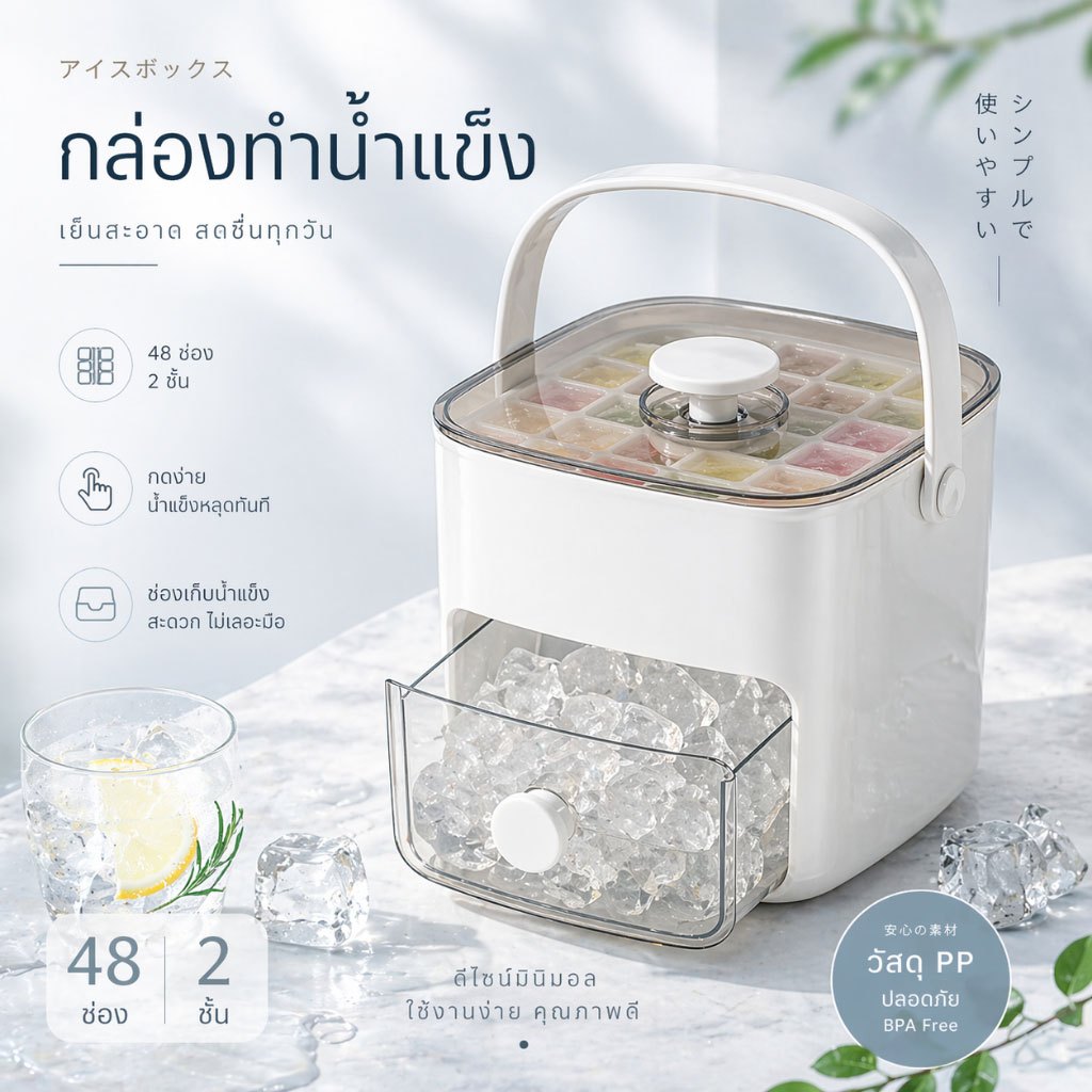 กล่องน้ำแข็งดีไซน์มินิมอล 48 ช่อง 2 ชั้น สะอาด ปลอดภัย ใช้งานง่าย สำหรับบ้านยุคใหม่ แถมฟรีช้อน