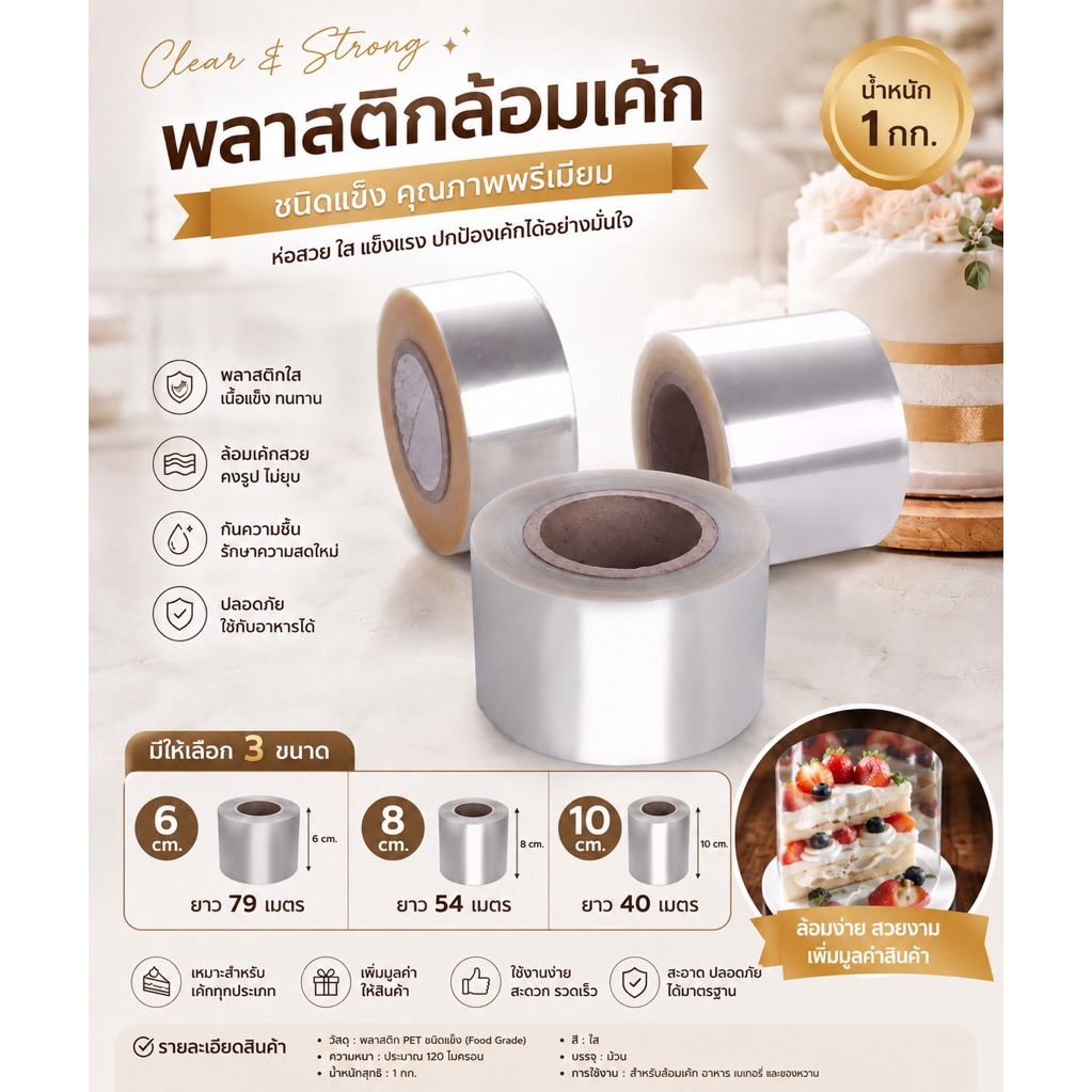 พลาสติกพันเค้ก แบบแข็งอย่างดี ม้วนใหญ่พิเศษ มีให้เลือกหลายไซด์