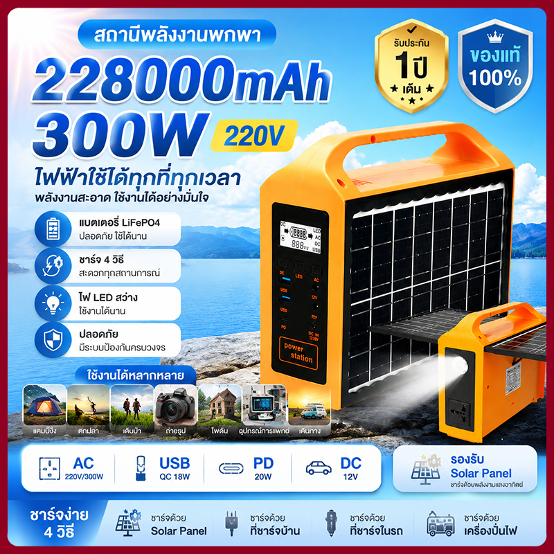 Portable Power Station สถานีไฟฟ้าแบบพกพา แหล่งจ่ายไฟแบบพกพา แคมป์ปิ้ง ไฟพลังงานแสงอาทิตย์และแผงโซลาร์เซลล์ 220Vการตั้งแค