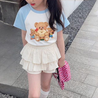 PRINCESS KESLI เสื้อยืดเด็กผู้หญิง เสื้อยืดเด็ก เสื้อแขนสั้นเด็ก ลายหมีน่ารัก ผ้าฝ้ายนุ่ม คอตวกลม 2-12 ปี