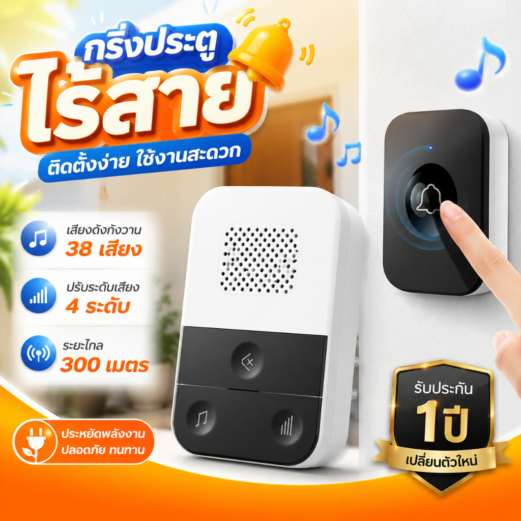กริ่งไร้สาย ทนแดดกันน้ำ 300M ปรับเสียงได้ กริ่งประตูไร้สาย กันน้ำและฝุ่น ริงโทนด้วยเสียงเมโลดี้ที่สดใสหลากหลาย