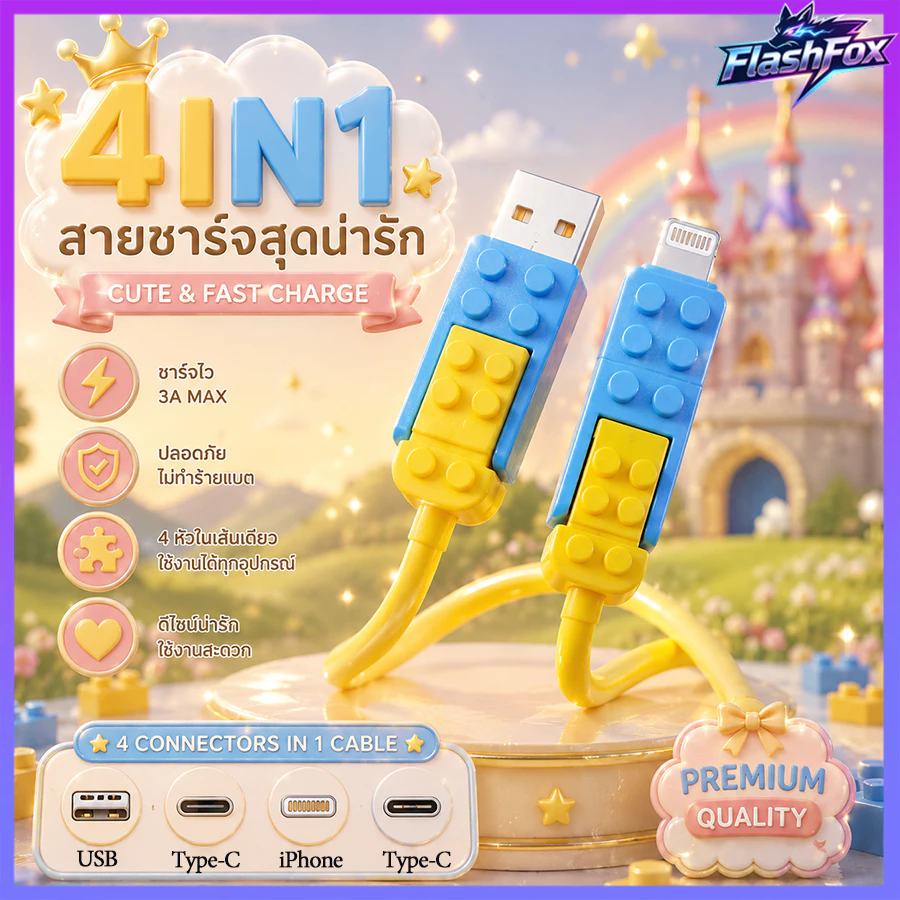 flashfox⚡ 240W สายชาร์จเร็ว 4-in-1 Type-C สายชาร์จ สไตล์บล็อกตัวต่อ ยาว 1 เมตร สำหรับ iPhone/Android