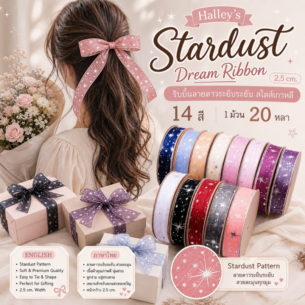 1 ม้วน【20หลา】* Halley's Stardust Dream Ribbon 2.5 cm. ริบบิ้นลายดาวระยิบระยับ สไตล์เกาหลี [RBR-0070-25mm-20Y]