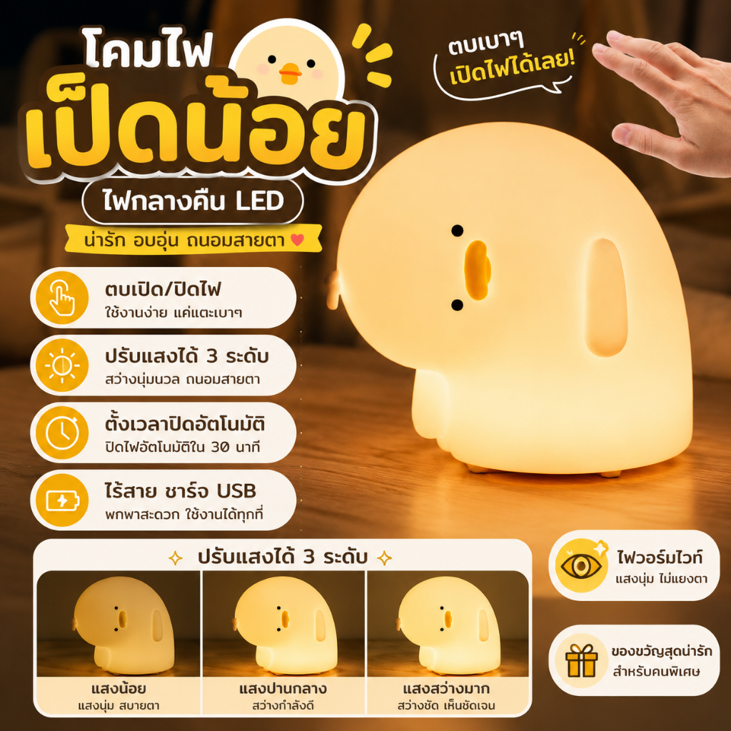 โคมไฟเป็ดน่ารัก ไฟกลางคืน LED วอร์มไวท์ ปรับแสงได้ แตะเปิดไฟ สำหรับห้องนอน