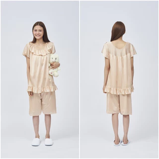 ชุดนอนผ้าลื่นงานไทย เสื้อ+กางเกงสามส่วน(มีซับใน) อก 44-50 นิ้ว