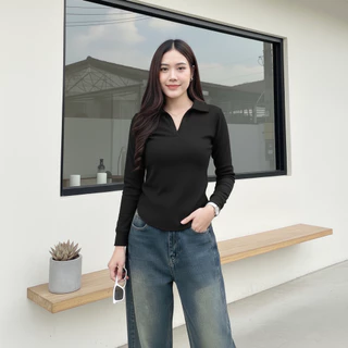 SpinnyHouse เสื้อแขนยาว เสื้อคอปก เสื้อกันหนาว พร้อมส่ง สาวอวบใส่ได้ ผ้าร่องยืด ยืดตามตัว รุ่น ปกดาว