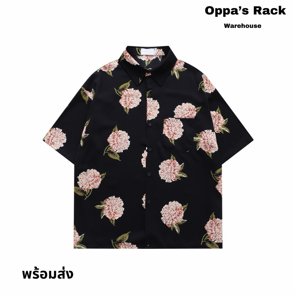 เสื้อเชิ้ตแขนสั้นทรงโอเวอร์ไซส์ รุ่น The Flower (Black)