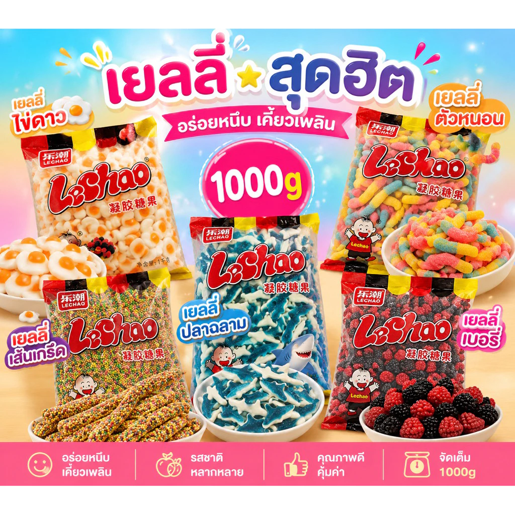 เยลลี่ Lechao (ไข่ดาว,ปลาฉลาม,ตัวหนอน,เม็ดเบอร์รี่,เส้นเกล็ด) 1Kg.