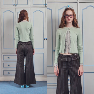 Bemingpants087(XS-4XL)-Lulaby Pants - กางเกงขายาวลายทางดีไซน์แต่งระบายเลเยอร์