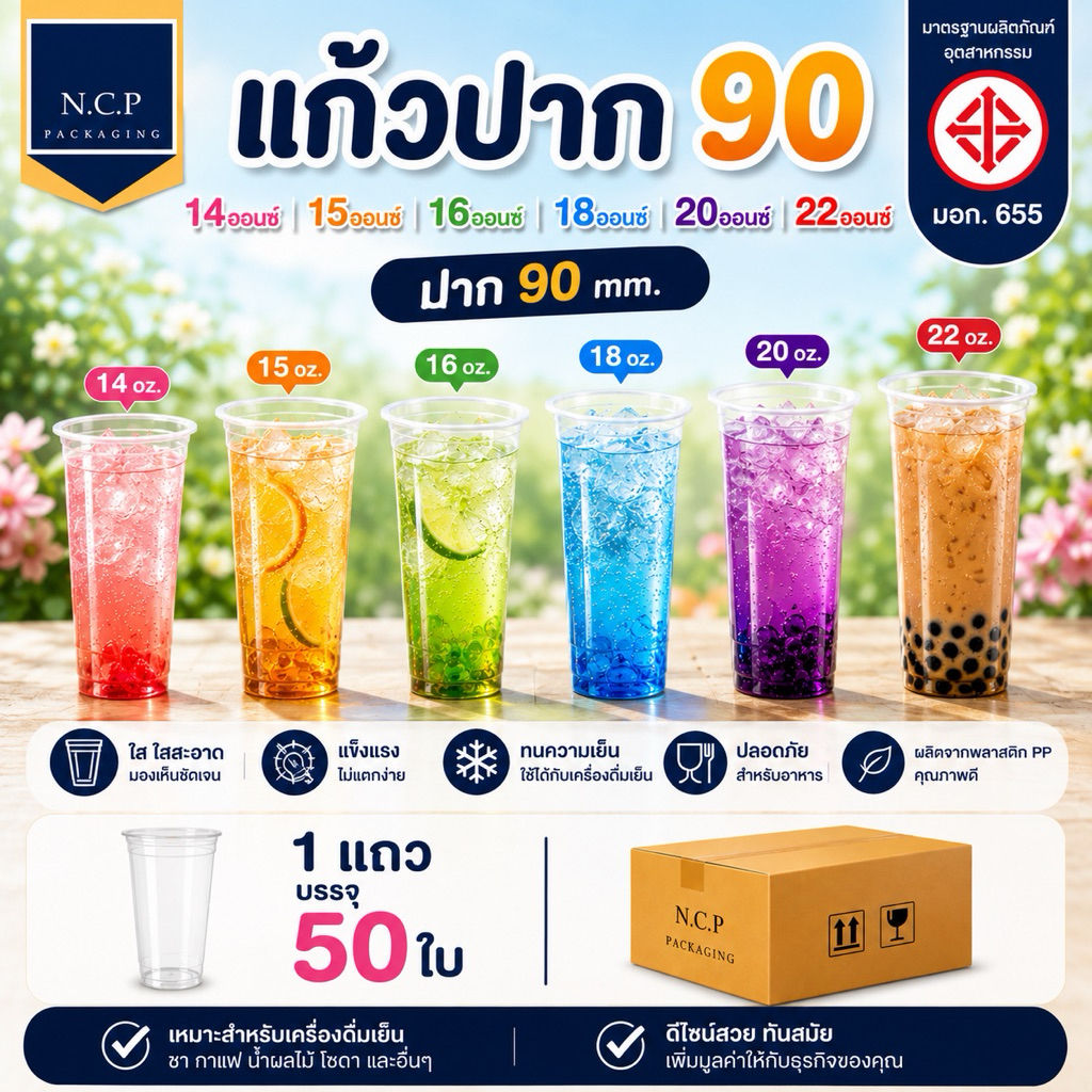 แก้วพลาสติก 14 15 16 18 20 22 ออนซ์ปาก90 ทรงสูง 1แถว50ใบพร้อมฝา50ชิ้น แก้วทรงสลิม