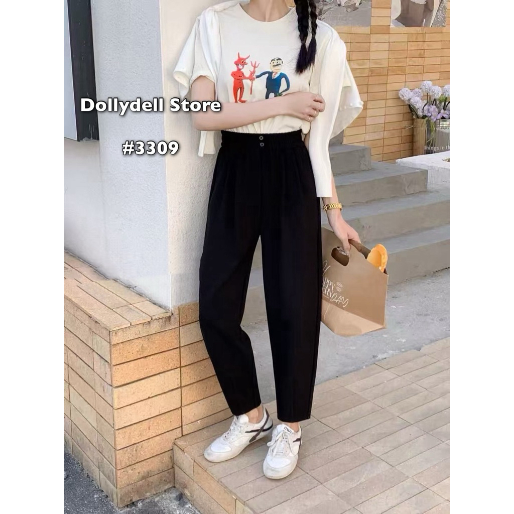 3309 กางเกงผ้ายืดสีดำเอวยางยืดปลายขาเข้ารูป