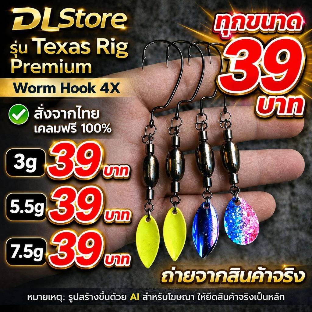 ชุดตกปลาช่อน Texas rig j-rig ฟรีเบ็ด2ตัว(ใบเขียว) เบ็ดหนอน worm Hook