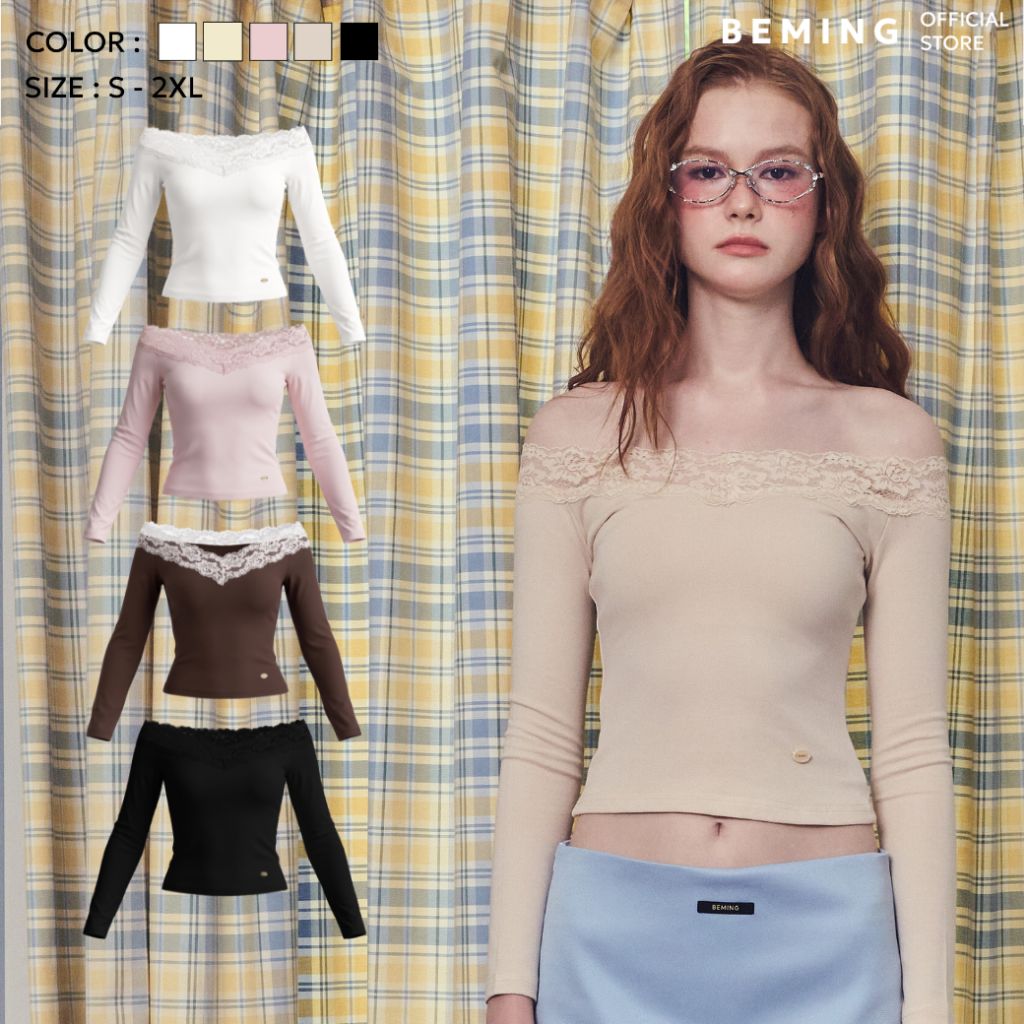 Bemingtop1181(S-2XL) -Lulaby Top - เสื้อปาดไหล่ดีเทลลูกไม้ให้ลุคหวานปนเซ็กซี่
