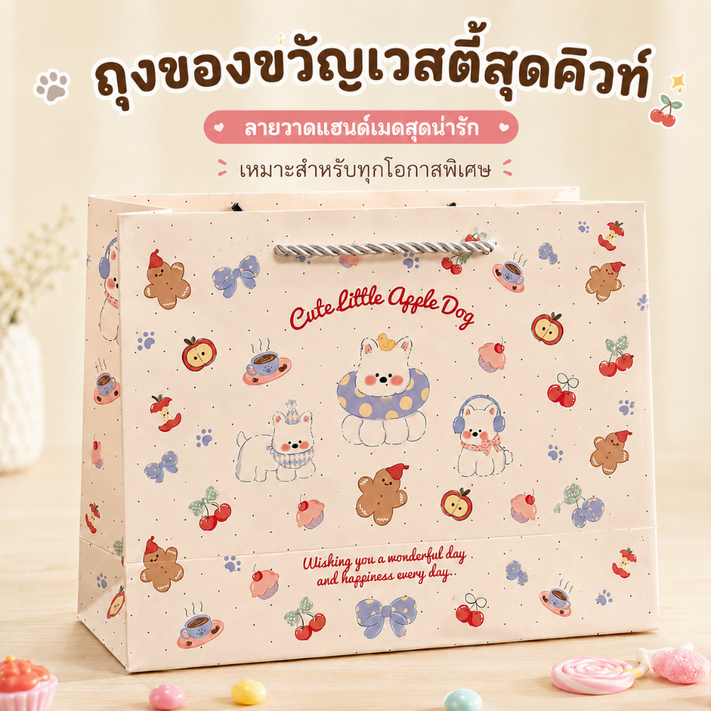 ถุงกระดาษของขวัญลายสุนัขแอปเปิ้ลน่ารัก 3ไซส์ สไตล์เกาหลี กระดาษหนา หูเชือกเมทัลลิก ใส่ขนม ของชำร่วย วันเกิด