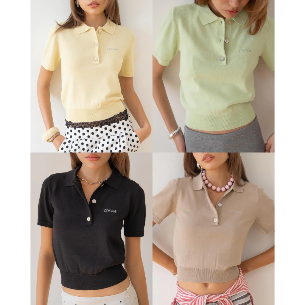 CUPPA - PEARL Polo (4 สี) เสื้อไหมพรมทรงโปโล พอดีตัว กระดุมมุกแท้ ลายทอเรียบ ปัก Cuppa สีเงิน เนื้อผ้ามีน้ำหนัก ทิ้งตัว