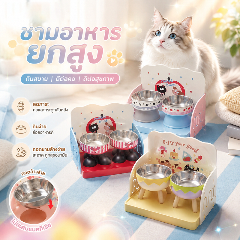 โต๊ะอาหารแมว ชามข้าวแมว จานให้อาหาร รั้วป้องกันการรั่วซึม ปรับสูง-ต่ำ ทำความสะอาดง่าย